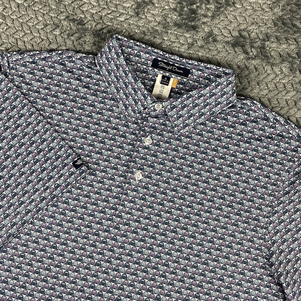 Straight Down Polo Shirt Mens Medium White Blue Purple Cars Pattern Performance